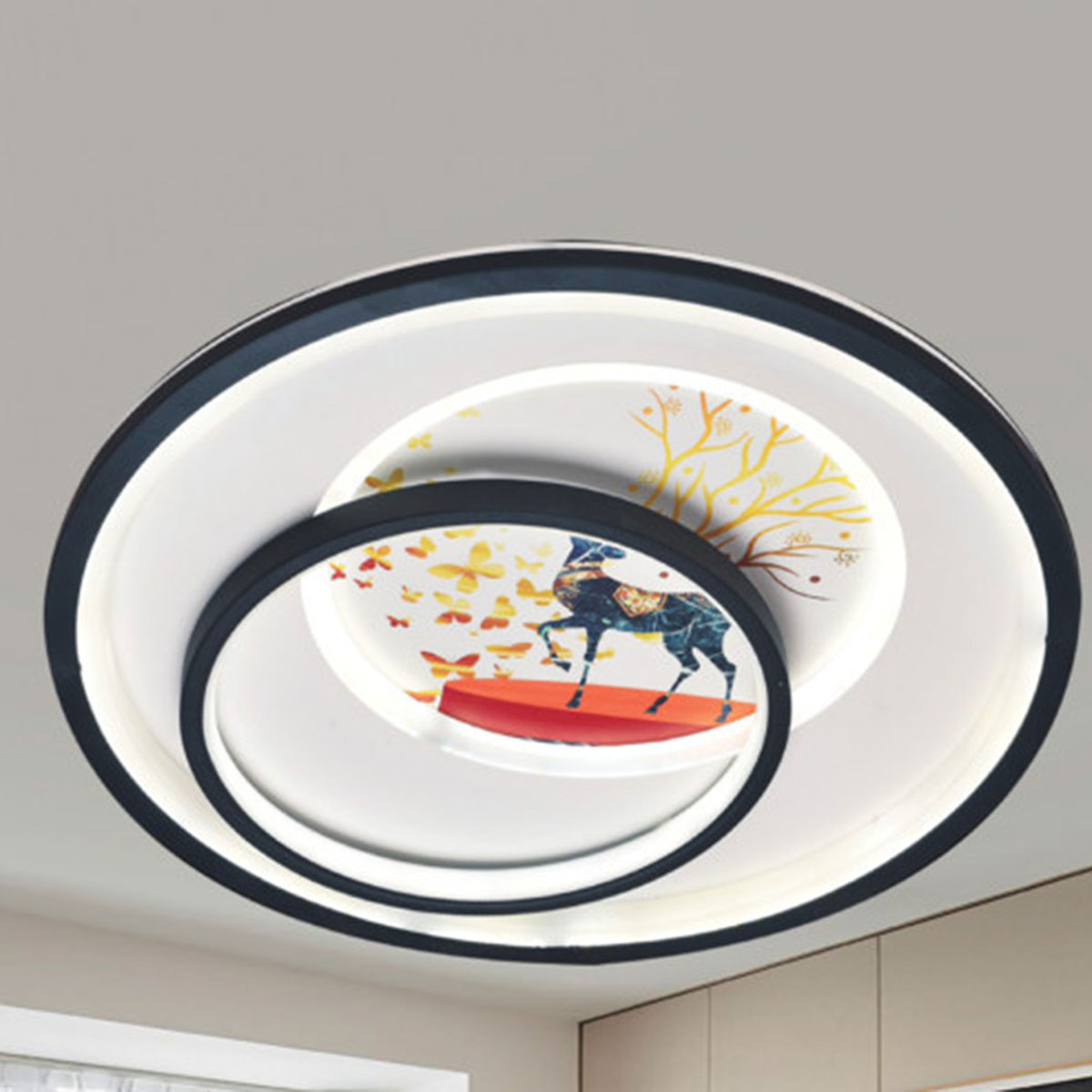 Đèn áp trần LED tròn nhiều vòng tròn có tranh con hươu ML 1373 Ø500xH50