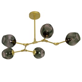 Đèn chùm thân vàng 5 chao thủy tinh màu khói hoặc màu trà TTK23N5 Ø700xH800