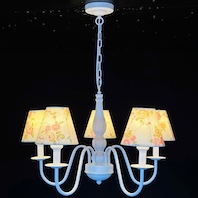 Đèn Chùm 5 chao vải hoa hồng, thân trắng Vintage cho phòng nhỏ DC62