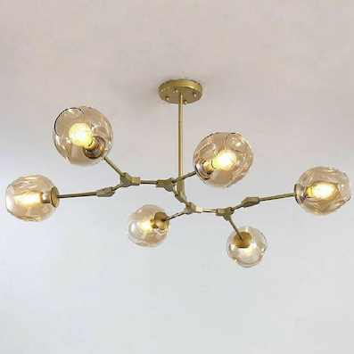 Đèn Chùm 6 chao màu trà thân vàng đồng T882/6 Ø800