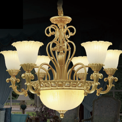 Đèn chùm kiểu cổ điển 6 chao thuỷ tinh thân màu vàng đồng đường kính 60cm CH11/6-3C