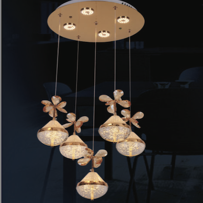 Đèn Thả 5 quả cầu pha lê led 3 màu T-9842 Ø350xH1000