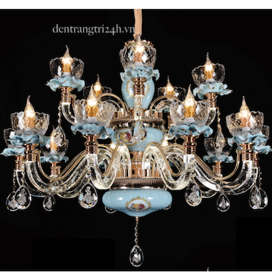 Đèn Chùm Pha lê 12 chao thủy tinh, thân sứ màu xanh ngọc 8605/10+5 Ø980x610