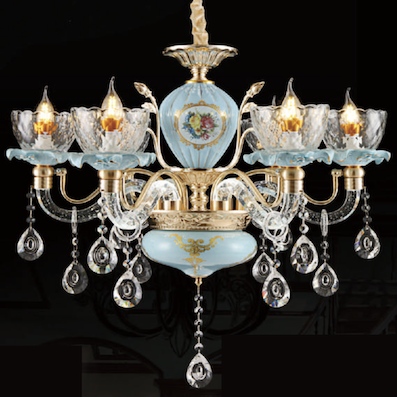 Đèn Chùm sứ thiên thanh 6 chao thuỷ tinh phong cách indochine 8605/6