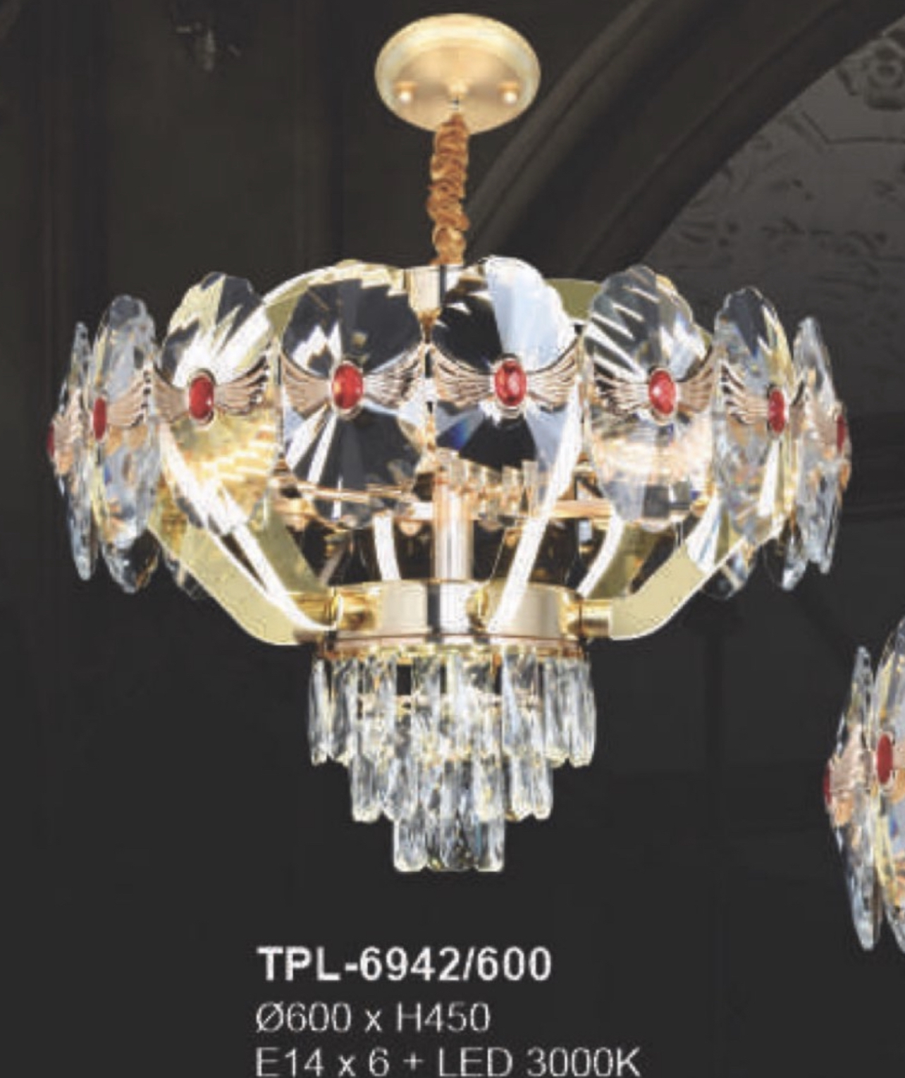 Đèn Thả Pha Lê tròn có đính đá đỏ TPL-6942/600 600xH450