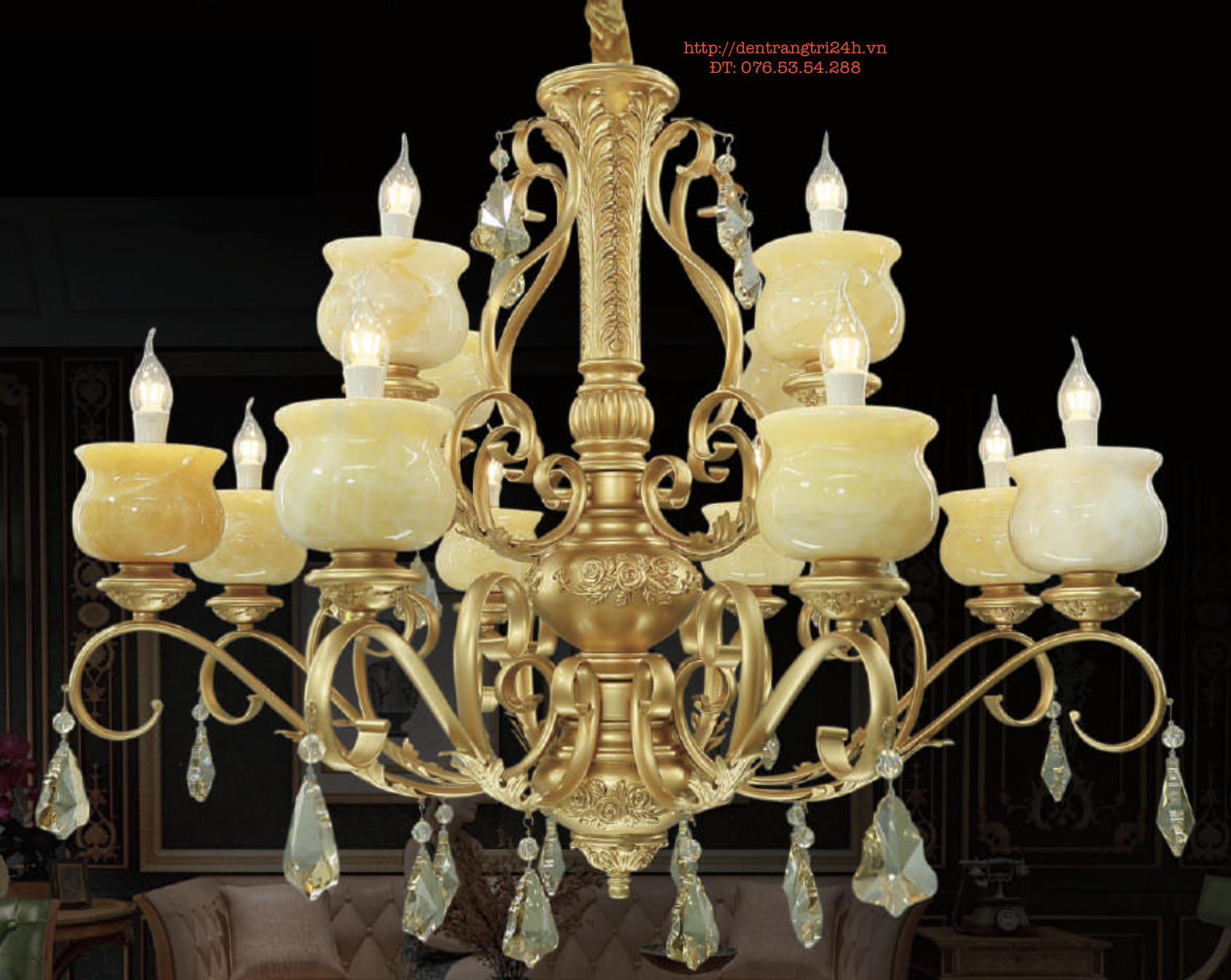 Đèn Chùm 2 tầng màu vàng đồng 12 chao đá tự nhiên phong cách tân cổ điển CH13/8+4