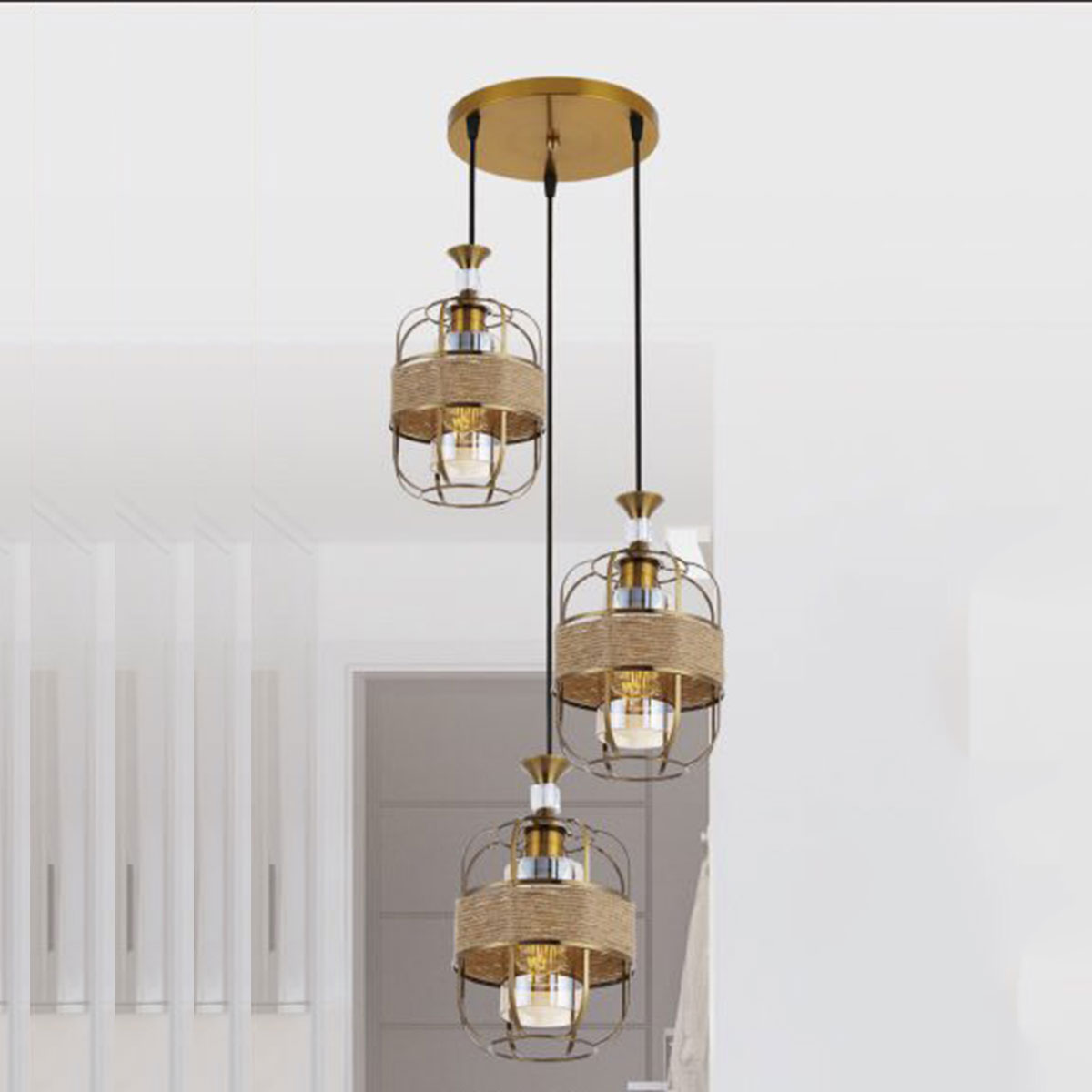 Đèn Thả Bàn Ăn 3 lồng đèn sắt có quấn dây thừng DY4009/3 GAB Ø320xH1000