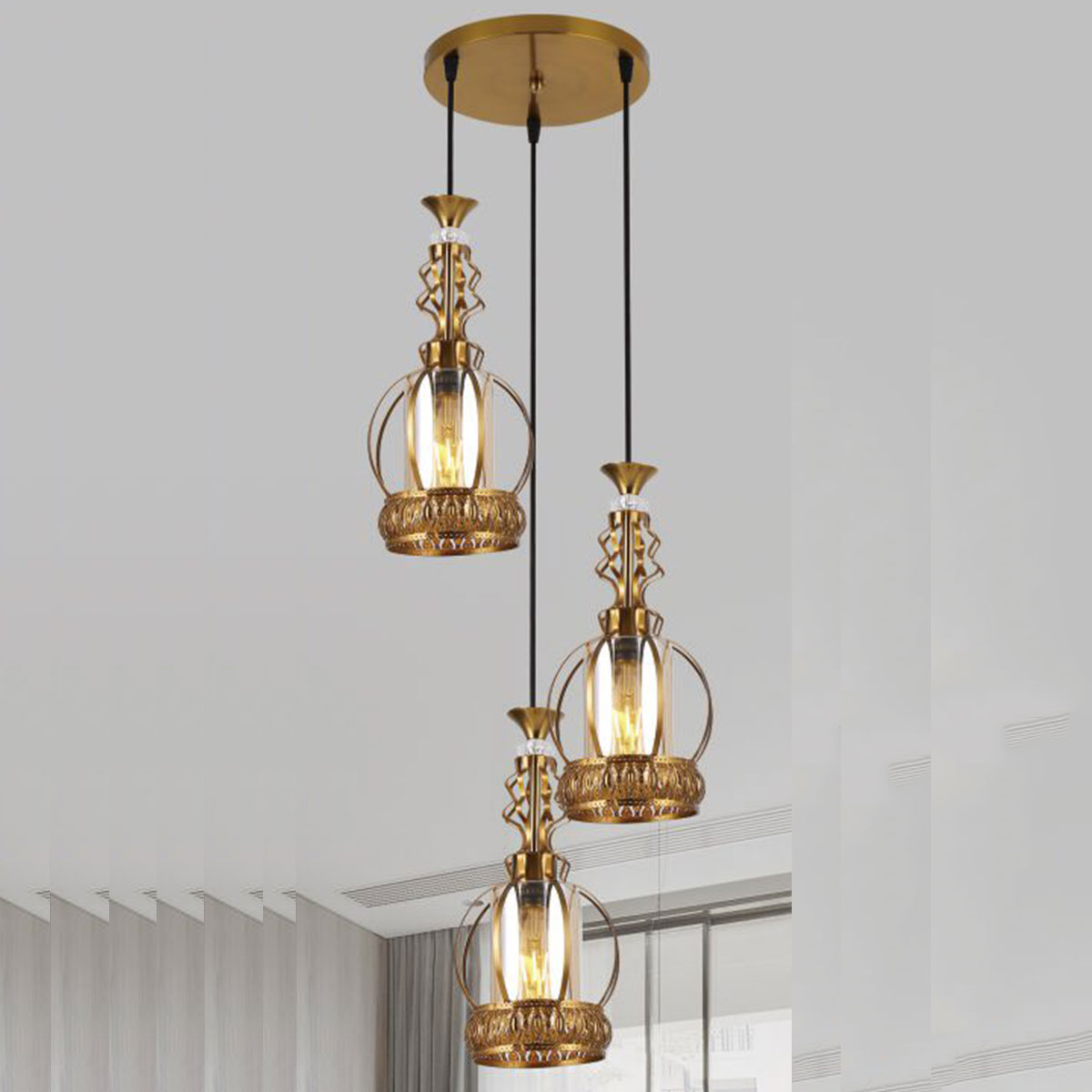 Đèn Thả Bàn Ăn 3 lồng sắt chao thủy tinh phong cách tân cổ điển DY4069/3 GAB Ø320xH1000