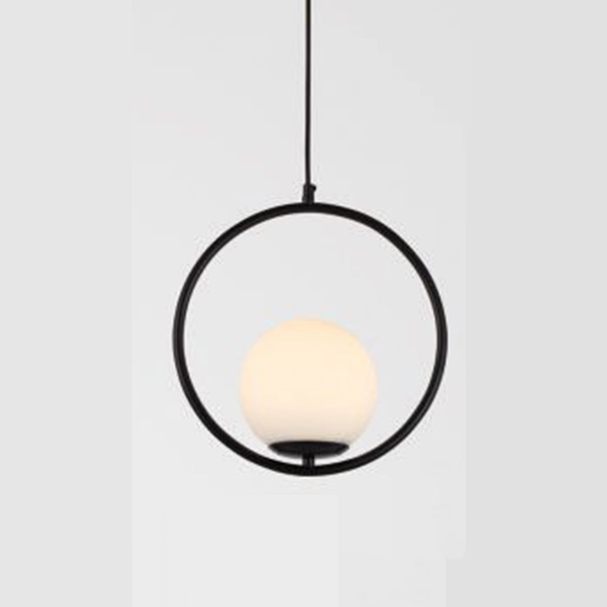 Đèn thả cầu thủy tinh trắng đục trong vòng tròn đen D7013 BK Ø300xH300