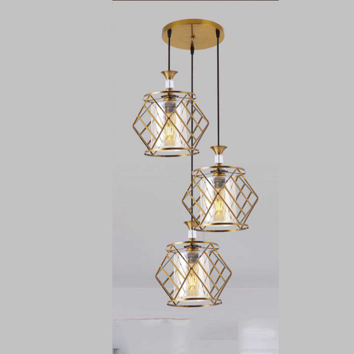 Đèn Thả 3 lồng sắt màu vàng KP9 DY4046/3 GAB Ø400xH1000