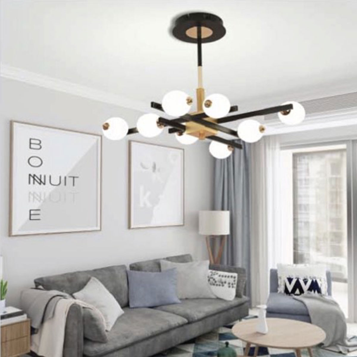 Đèn Chùm 8 bóng thủy tinh trắng đục led 3 màu T-7718/8 Ø680xH400