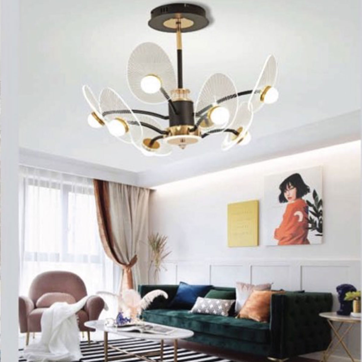 Đèn Chùm Nghệ Thuật 8 bóng led 3 màu T-7519/4+4 Ø650xH400