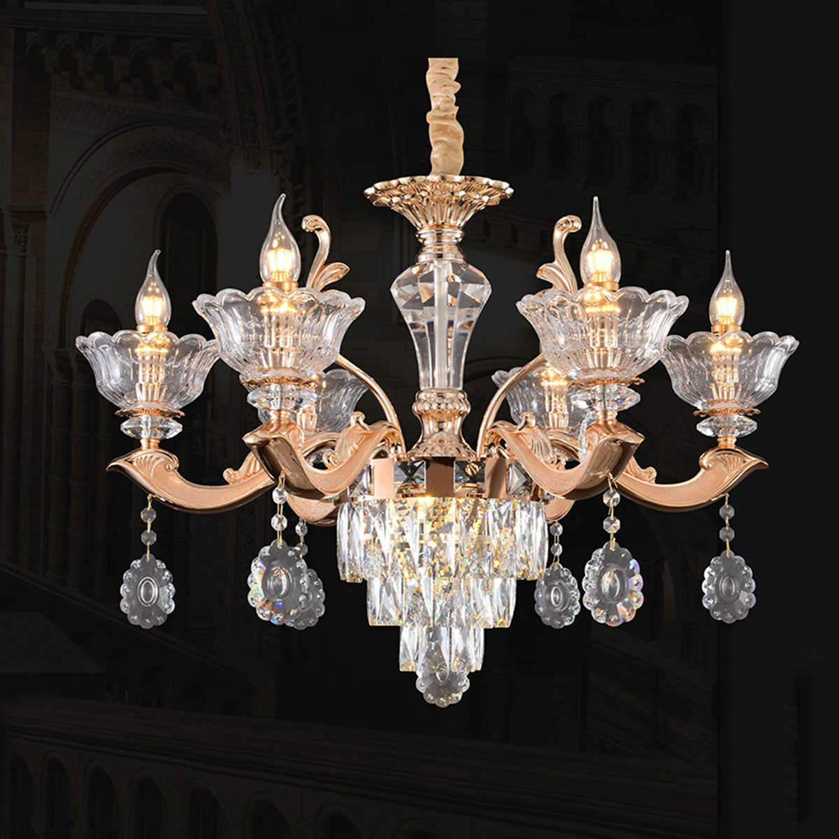 Đèn Chùm Pha Lê 6 chao thuỷ tinh nến DC891T6 Ø700xH550