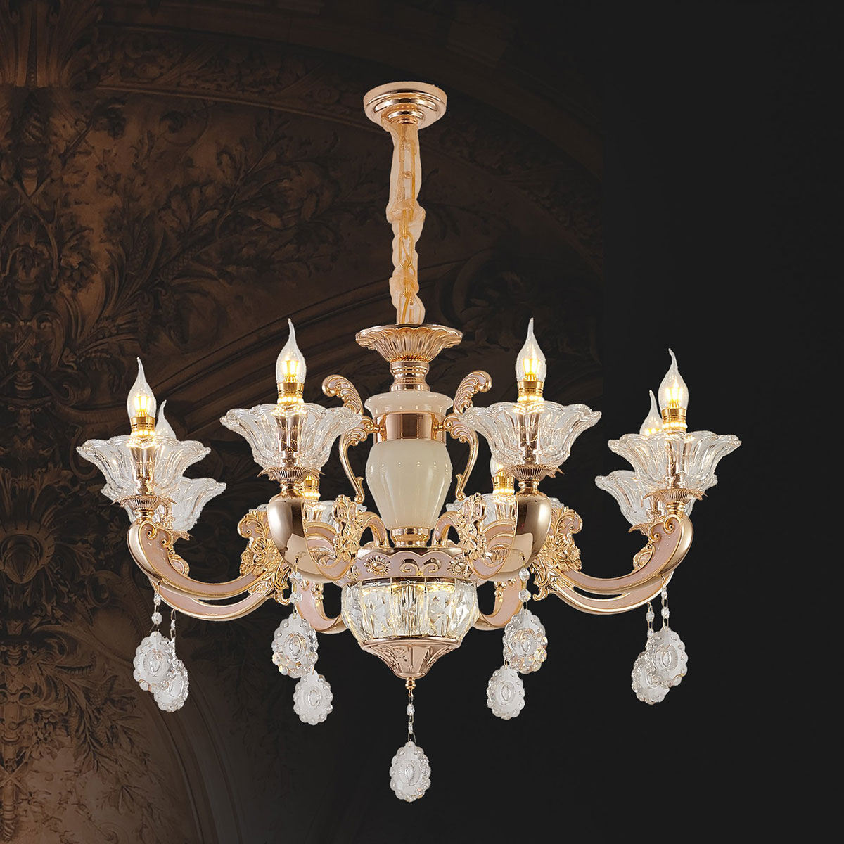 Đèn Chùm Pha Lê 8 chao thủy tinh DC2036T8 Ø780xH550