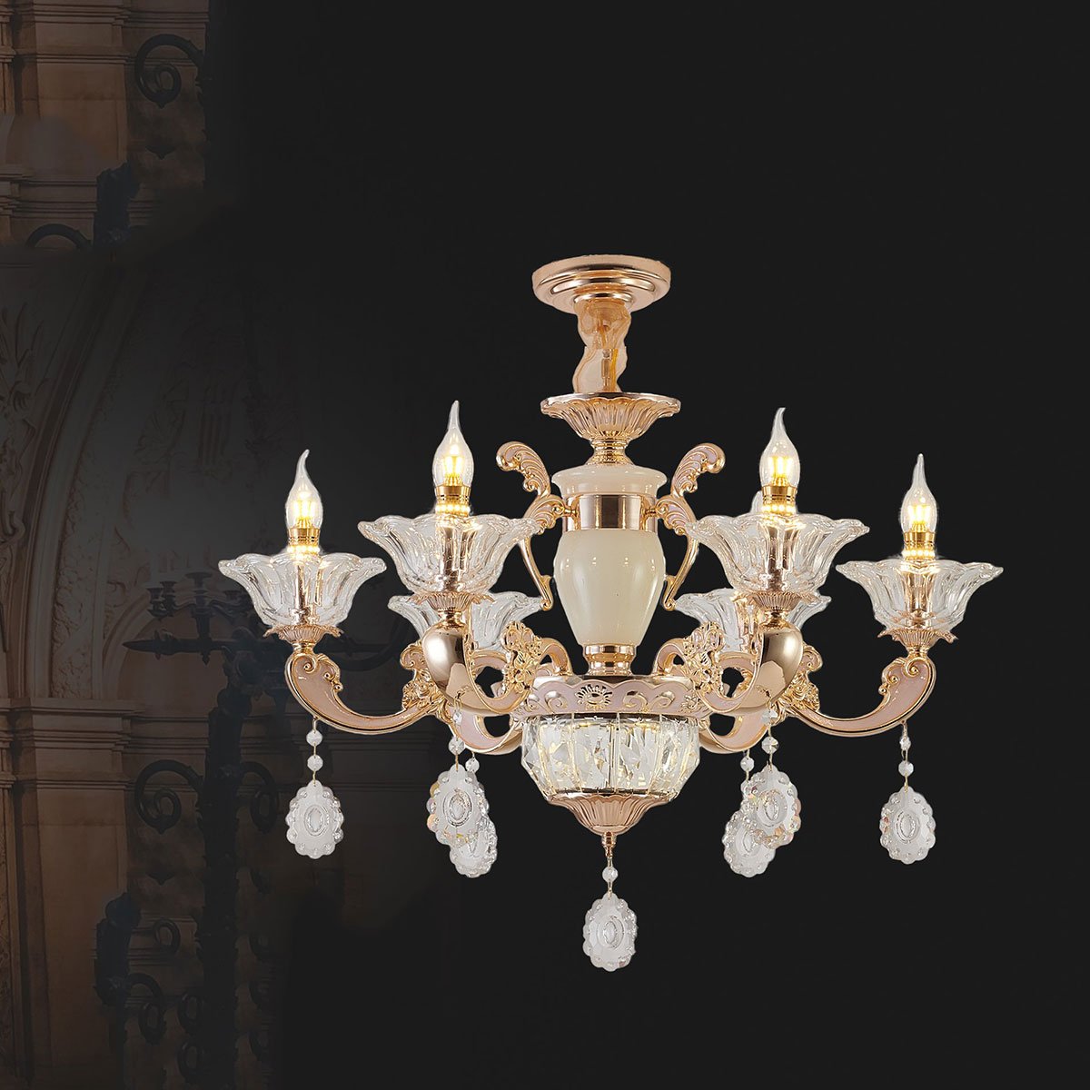 Đèn Chùm Pha Lê 6 ngọn nến DC2036T6 Ø680xH500