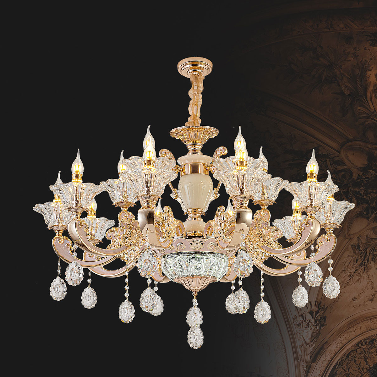 Đèn Chùm Pha Lê 15 ngọn nến DC2036T15 Ø850xH550