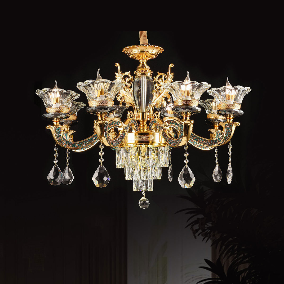 Đèn Chùm Pha Lê 8 chao đèn thuỷ tinh DC6081T8 Ø770xH550