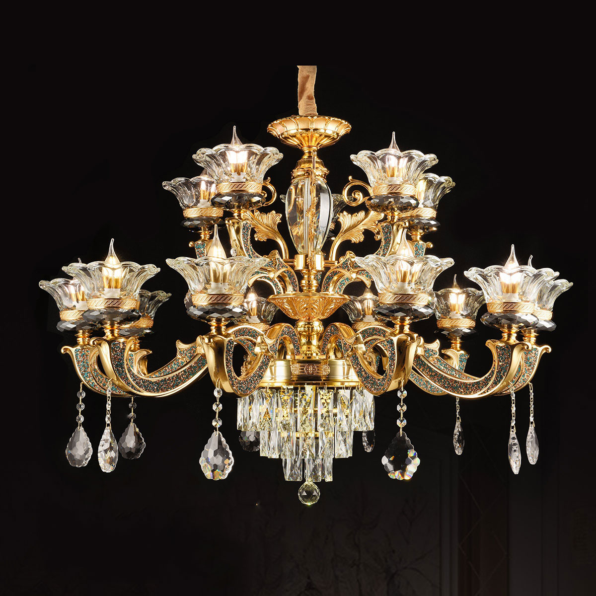 Đèn Chùm Pha Lê 15 chao đèn 2 tầng DC6081T15 Ø920xH680