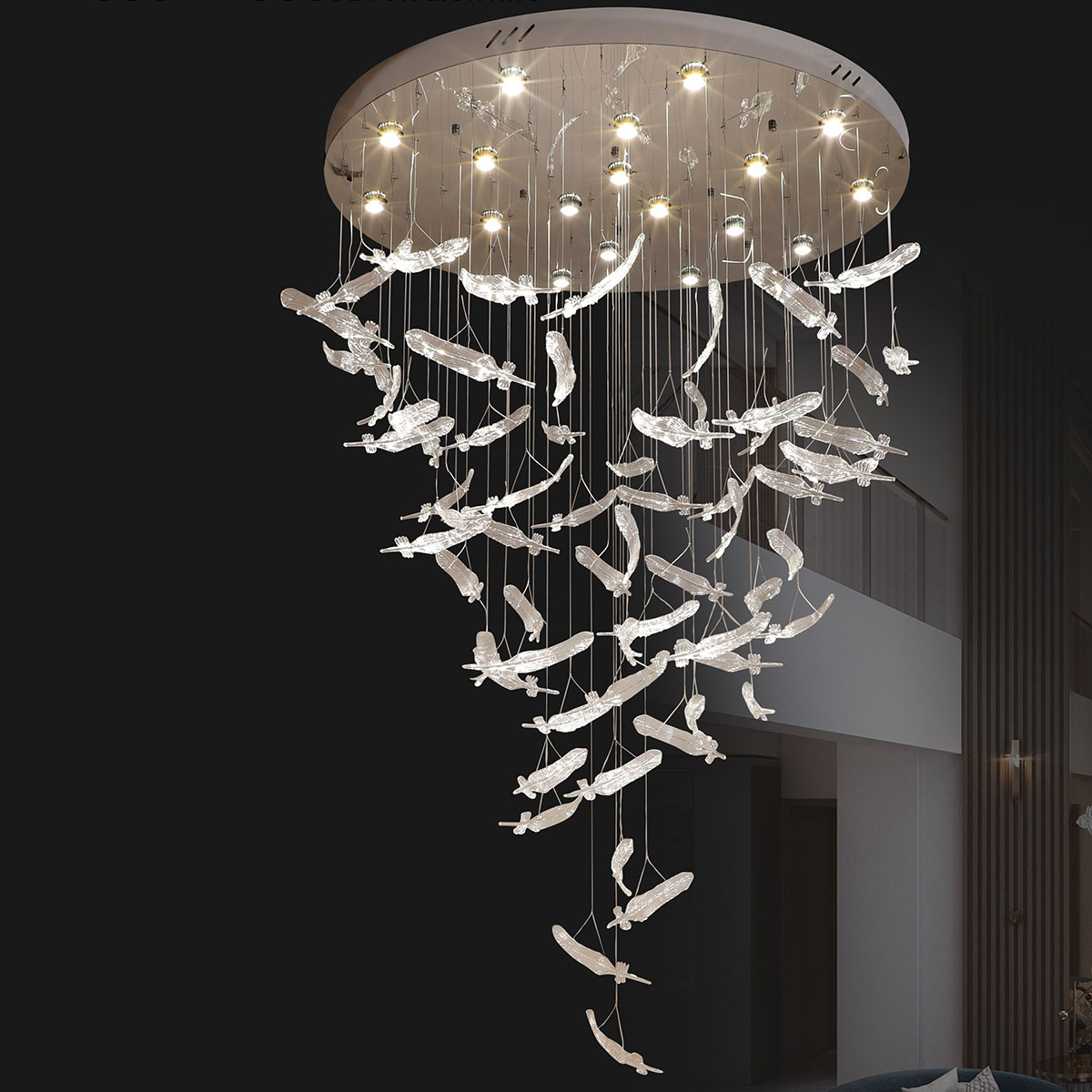 Đèn Thả Nghệ thuật 67 lông vũ dài 4mét THD122T1200 Ø1200