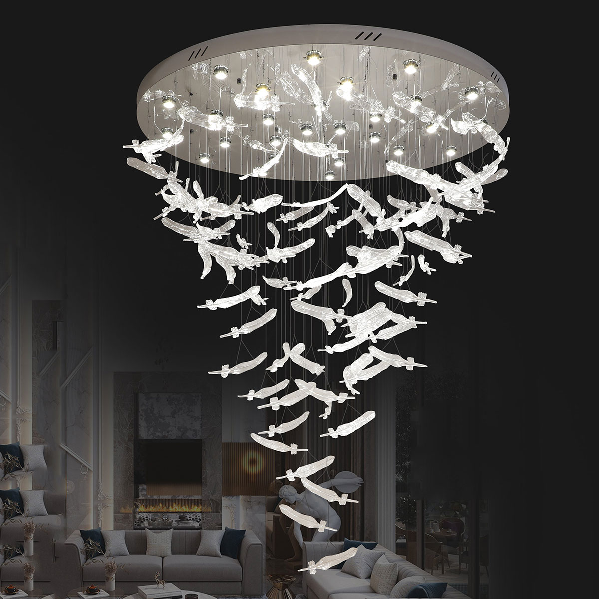 Đèn Thả 109 chiếc lông vũ pha lê dài 4mét THD122T1500 Ø1500