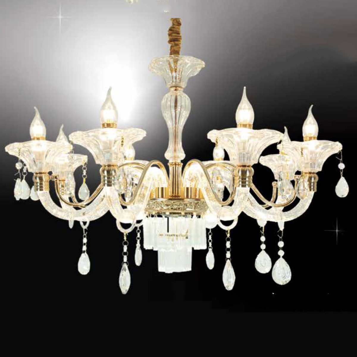 Đèn Chùm Pha Lê 8 bông hoa thủy tinh đường kính 80cm CNQT-277 Ø800xC700