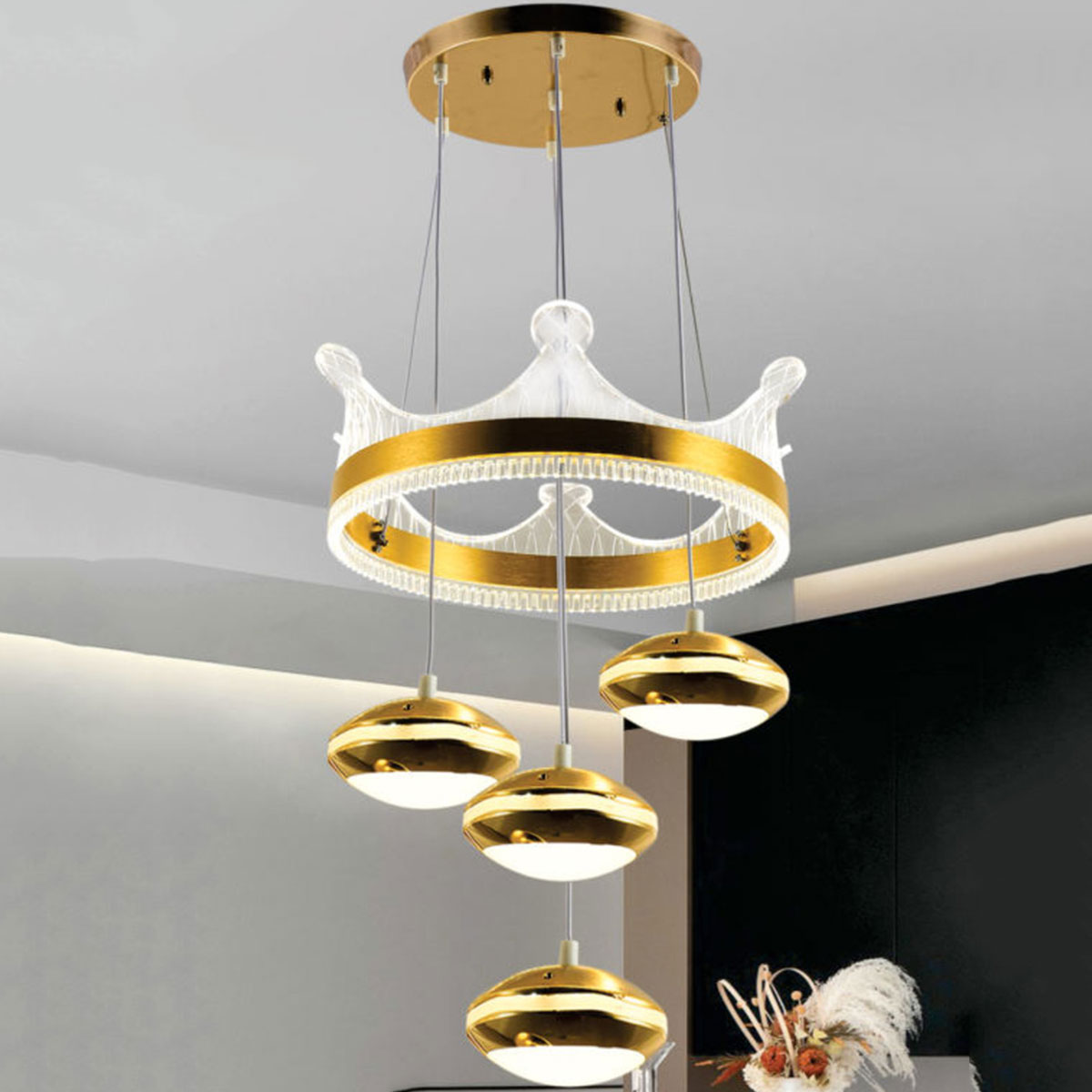 Đèn Thả vòng tròn LED vươn miệng + 4 đèn thả T 5214/3+1 Ø400xH1000