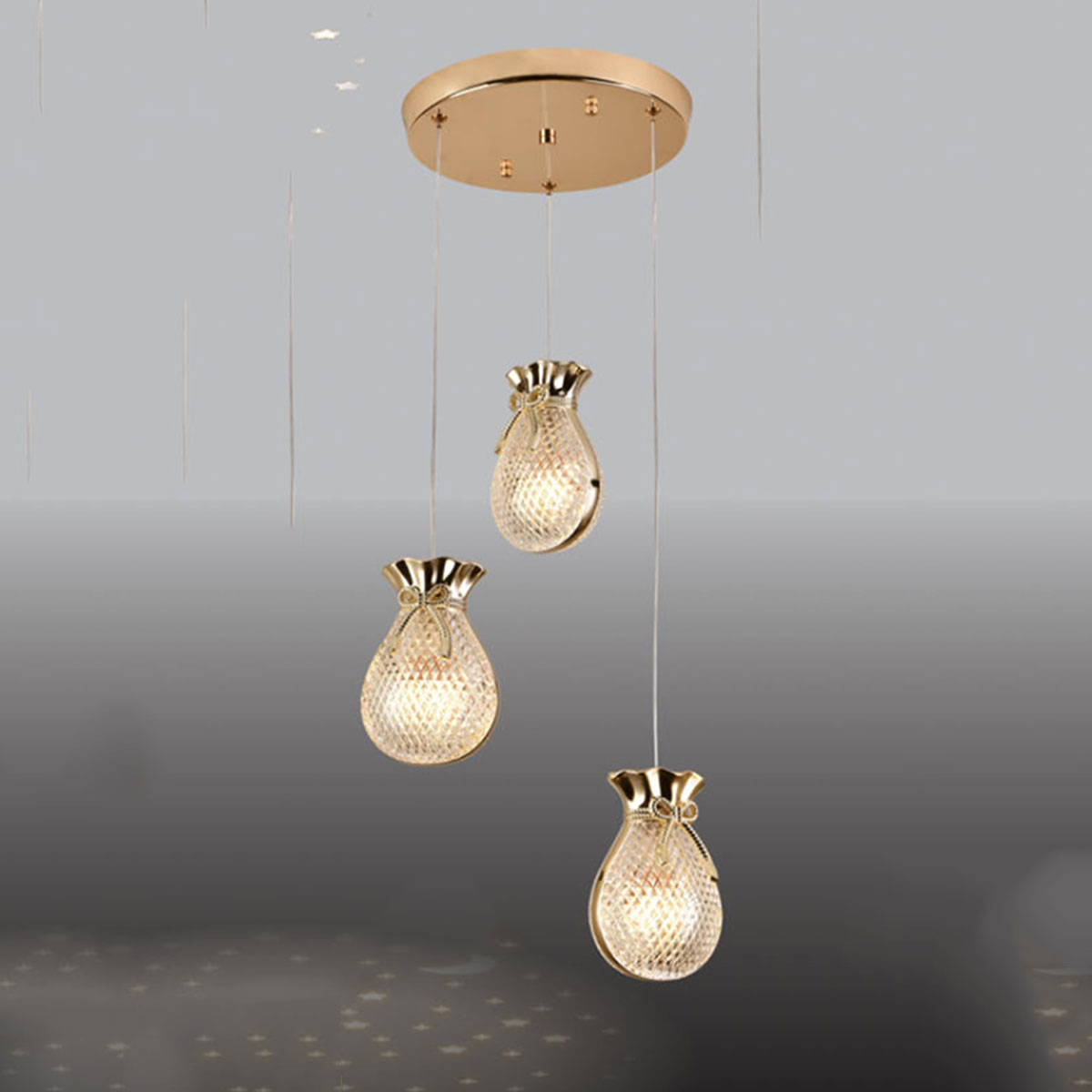 Đèn Thả Bàn Ăn 3 đèn pha lê hình túi tiền T 8230/3 Ø280xH1000