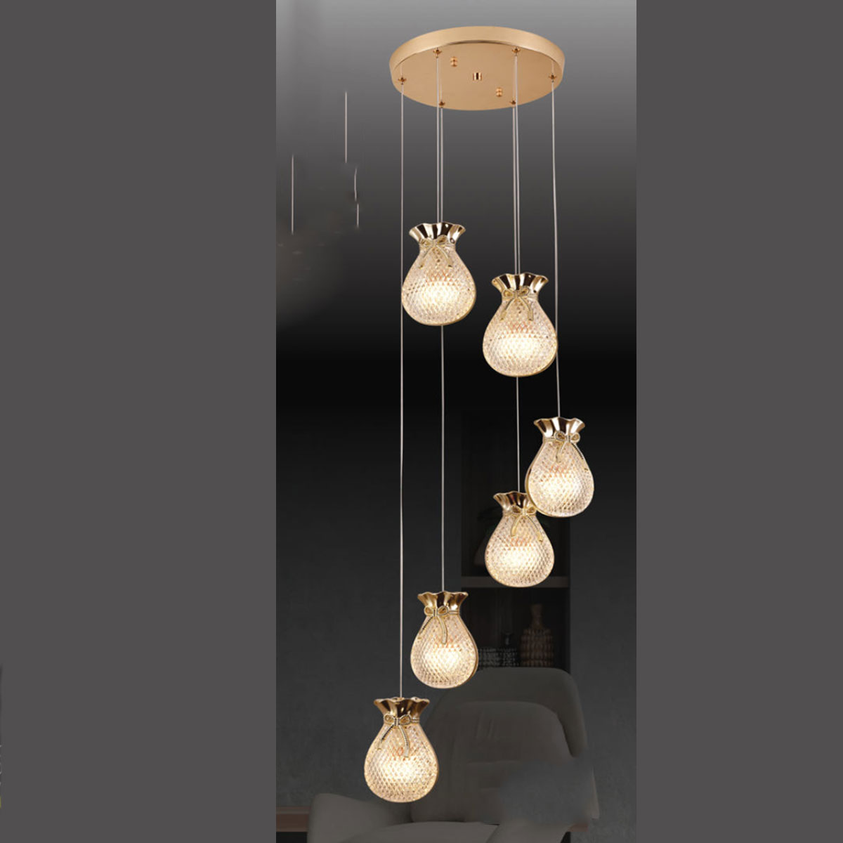 Đèn Thả Bàn Ăn 6 túi tiền pha lê T 8231/6 Ø350xH1300