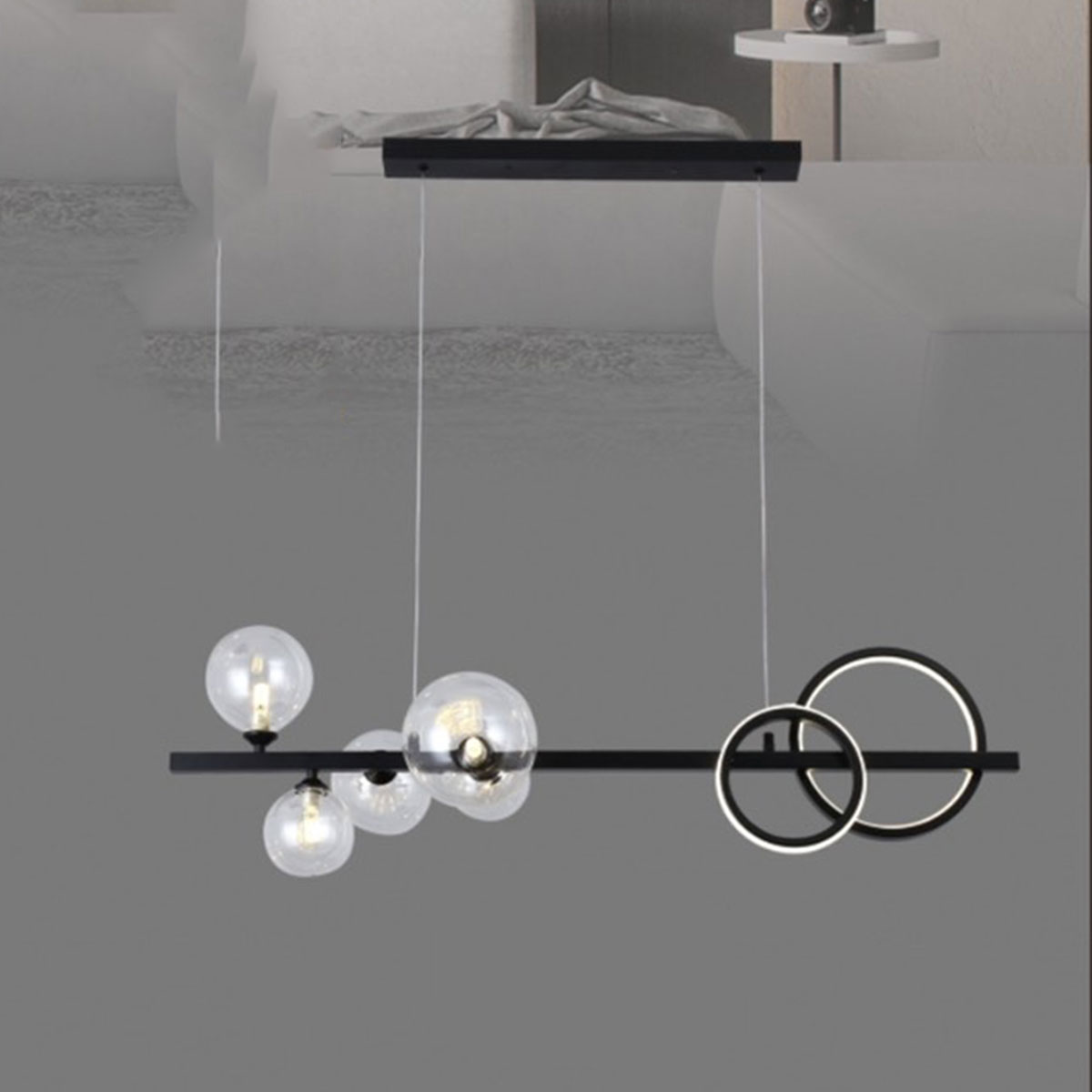 Đèn Thả bàn ăn, đảo bếp, quầy bar gồm 6 cầu thuỷ tinh, 2 vòng led dài 1 mét