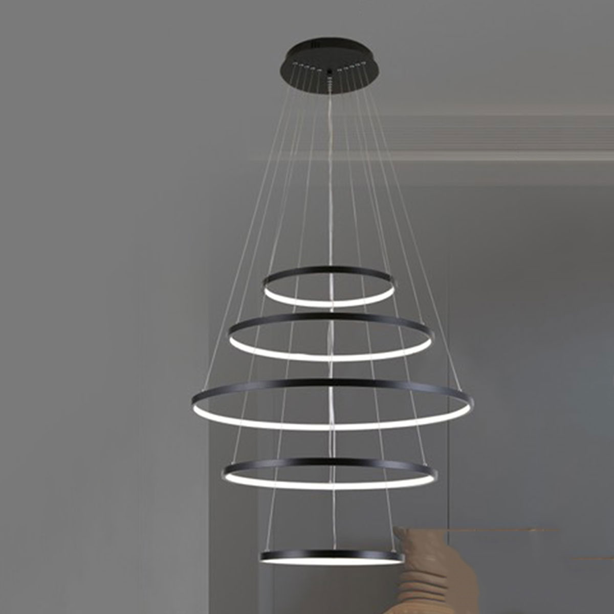 Đèn Thả 5 vòng tròn led 3 màu thân đen C002-5S Ø400-600-800-600-400