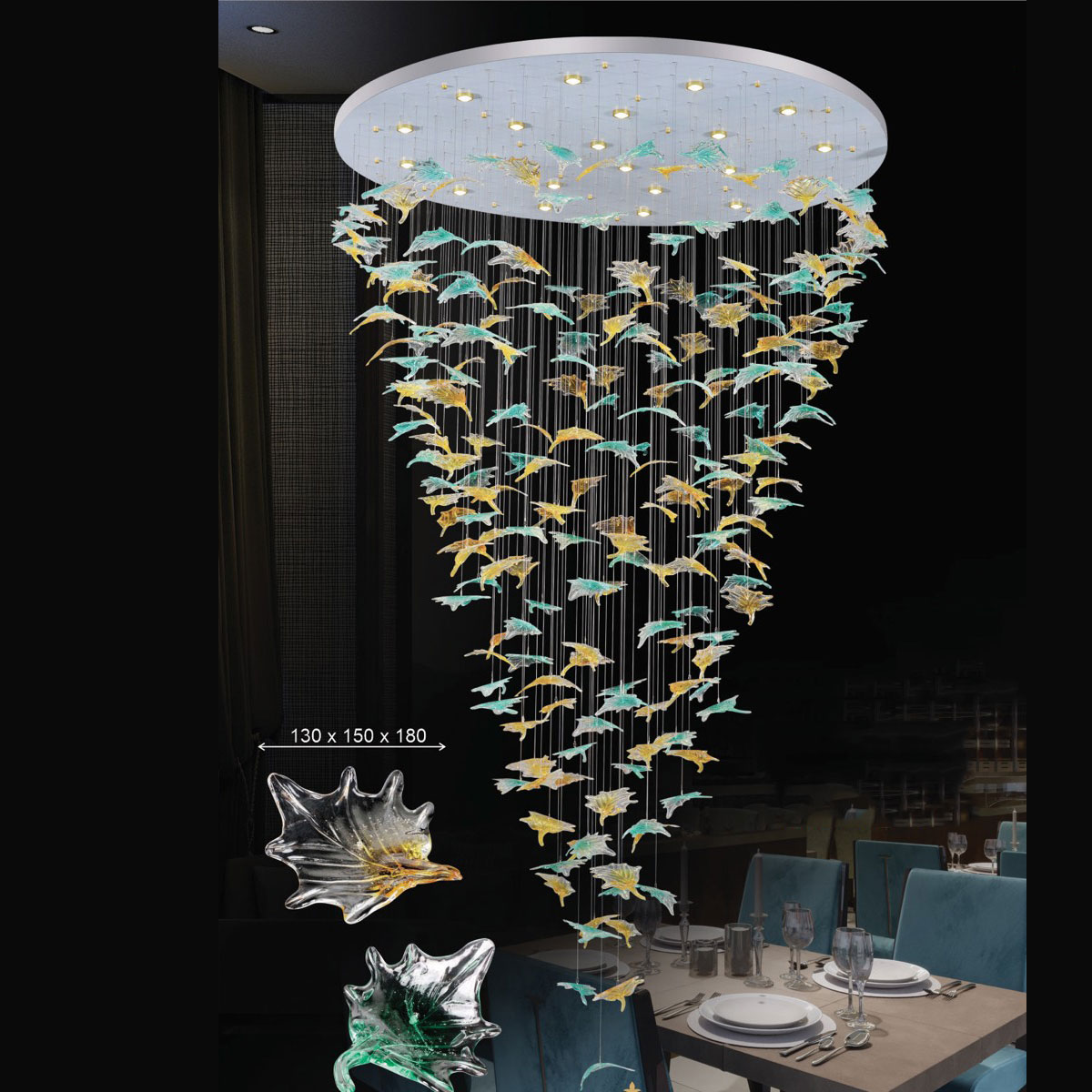 Đèn Thả pha lê chiếc lá đường kính 1,5 mét dài xuống 3 mét HP22 TL 1606 Ø1500xH3000