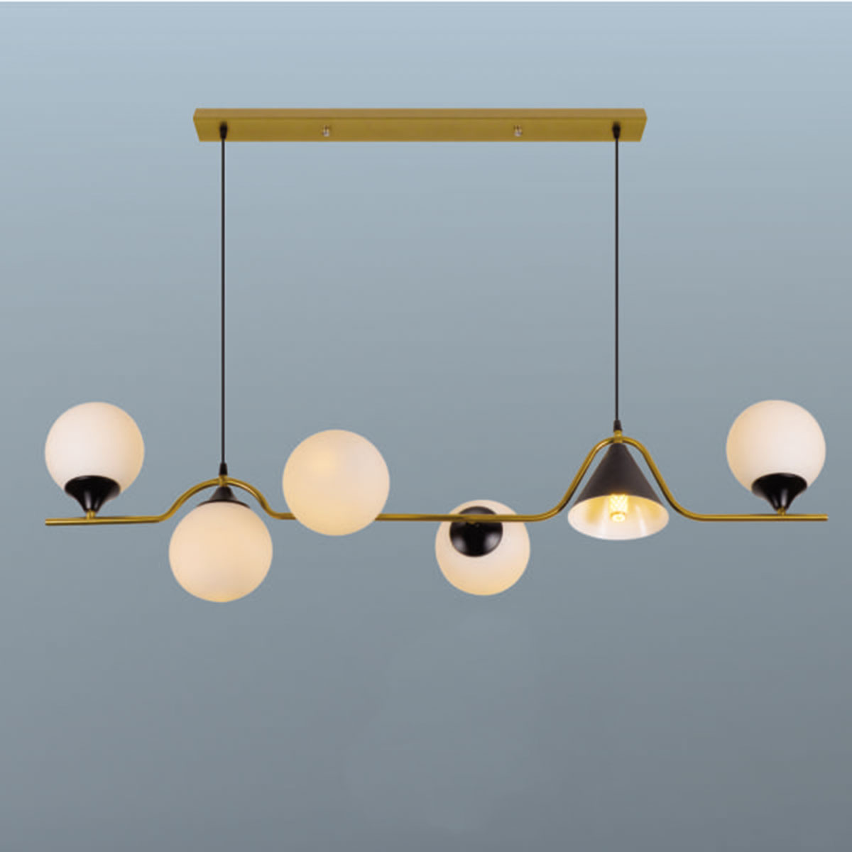 Đèn Thả nghệ thuật 5 quả cầu thuỷ tinh + chụp nón dài 1.2 mét TL 6548/6 L1200xH1500