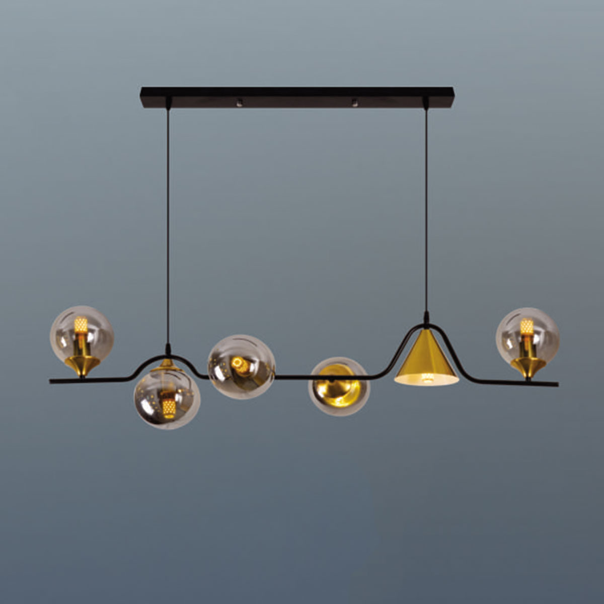 Đèn Thả dài 1.2 mét 5 quả cầu thuỷ tinh trong + 1 nón chụp TL 6549/6 L1200xH1500