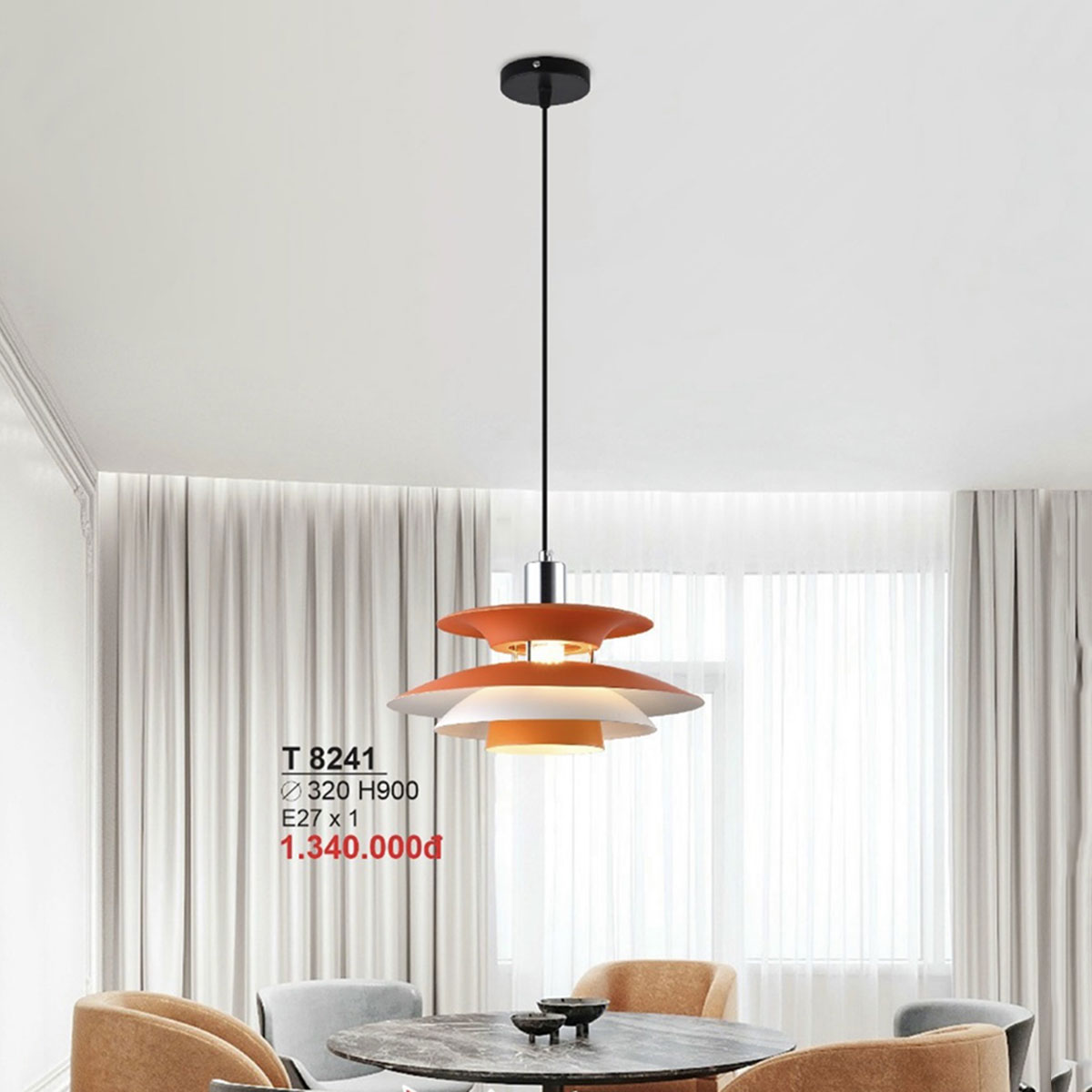 Đèn Thả Bàn Ăn 4 chụp màu đỏ cam T 8241 Ø320xH900