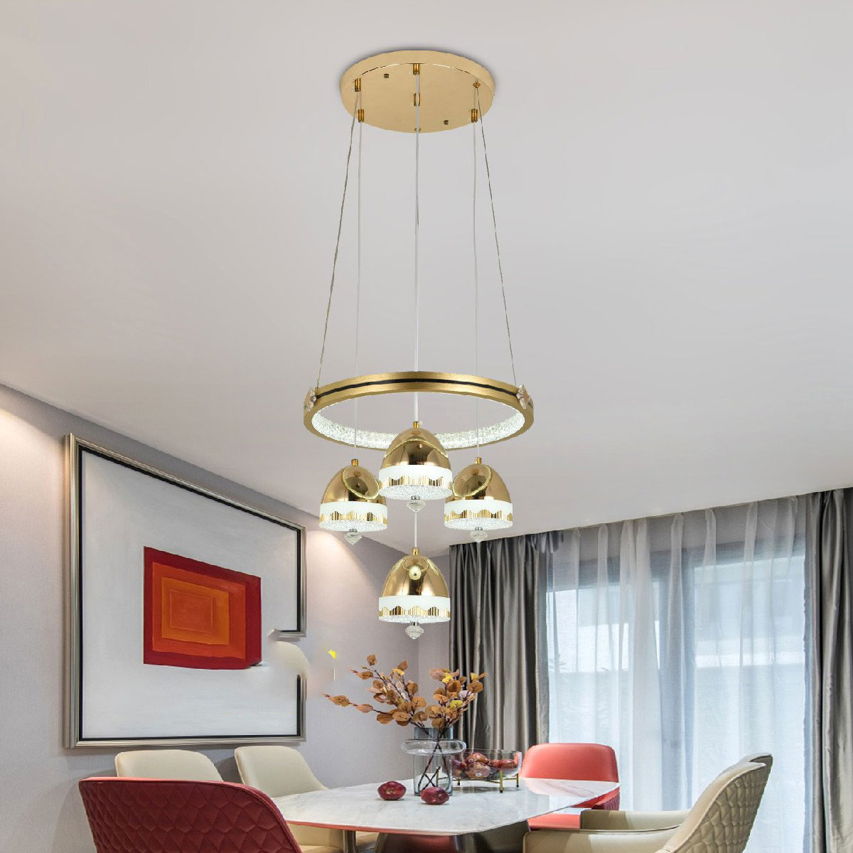 Đèn Thả led tròn + 4 đèn thả pha lê T 5568/4 Ø400xH1000