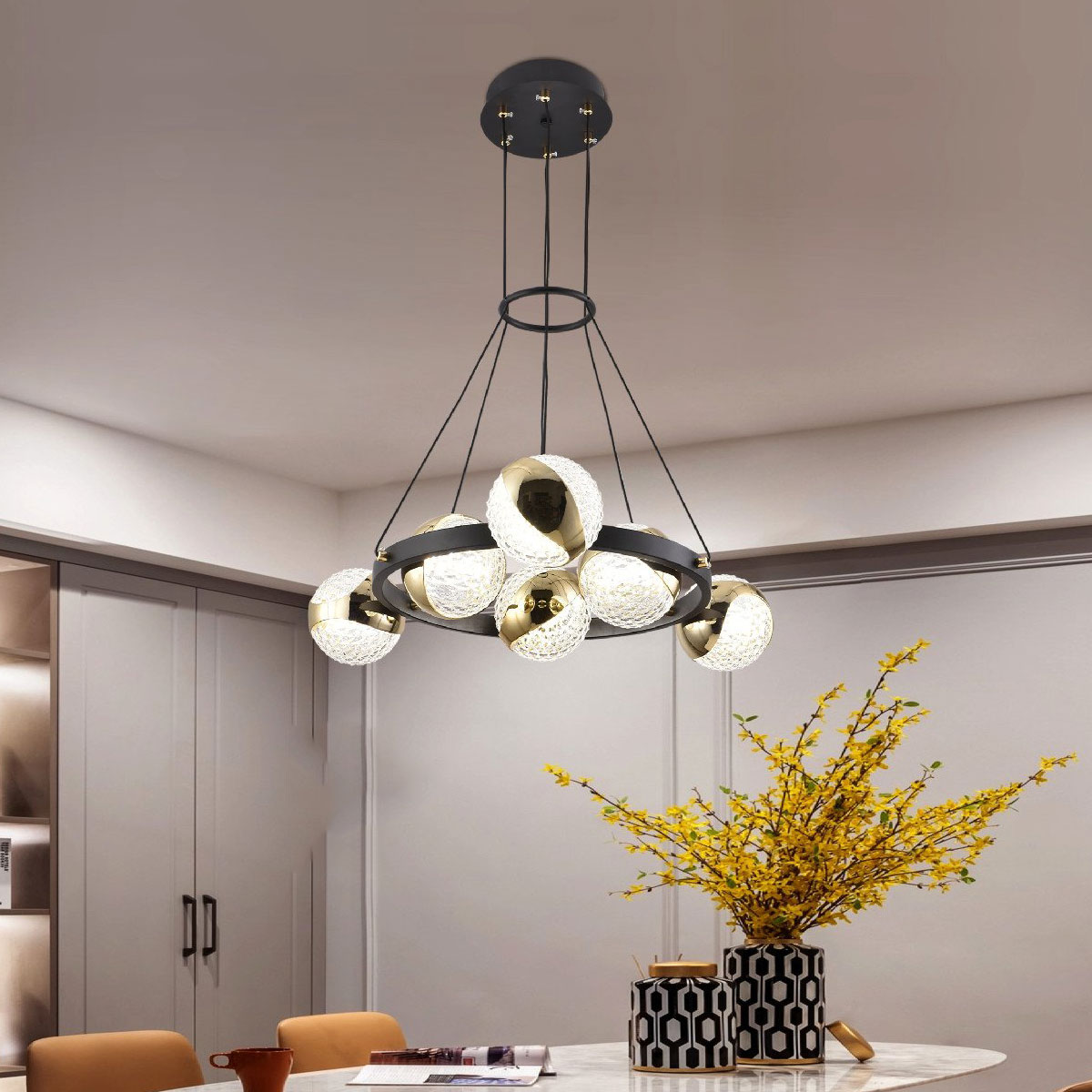 Đèn Thả led vòng tròn + 6 cầu pha lê T 5570/6 Ø450xH1000