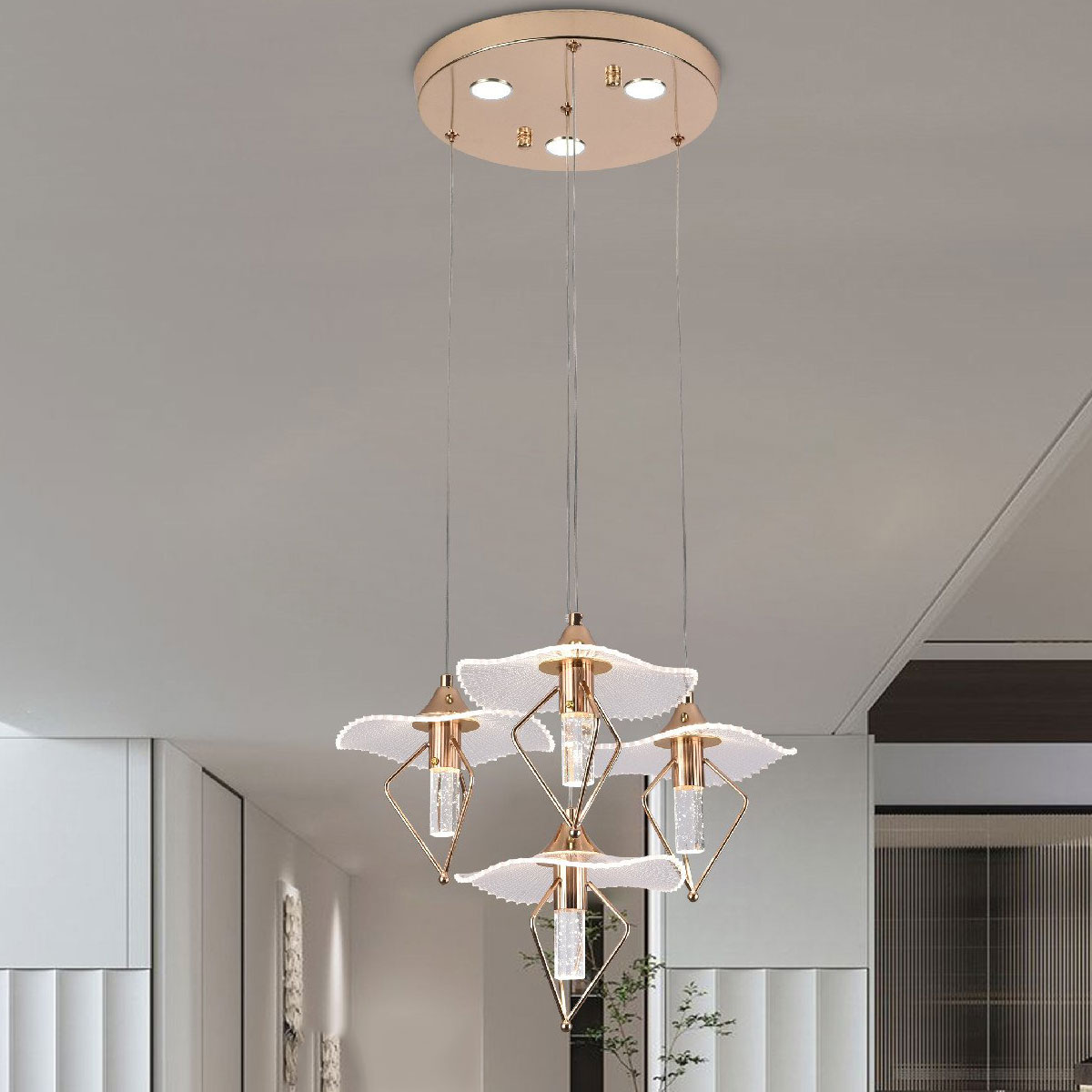 Đèn Thả pha lê 4 chao thuỷ tinh hình nón T 5560/4 Ø350xH1000