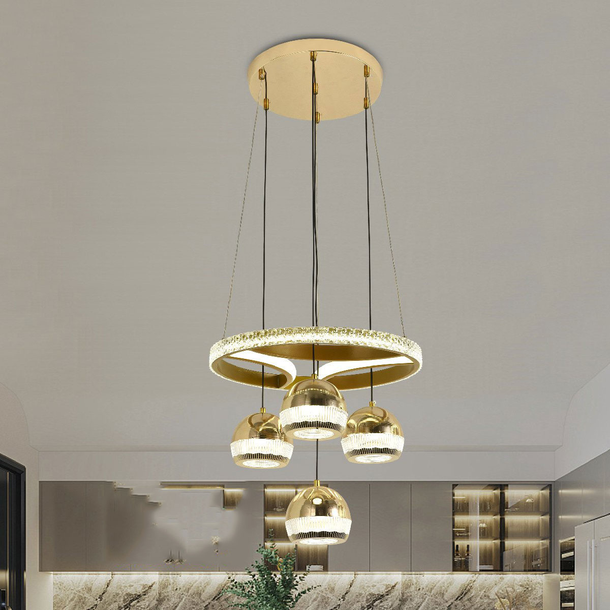 Đèn Thả led tròn + 4 đèn thả pha lê T 5567/4 Ø400xH1000