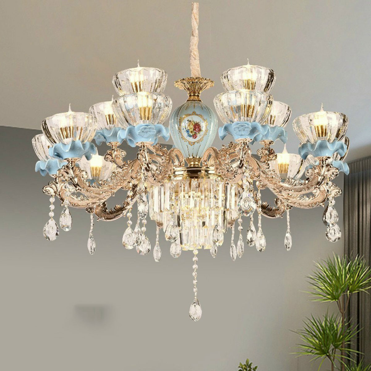 Đèn Chùm 2 tầng 15 chụp thuỷ tinh bông hoa đường kính 95cm CPL 8141/10+5