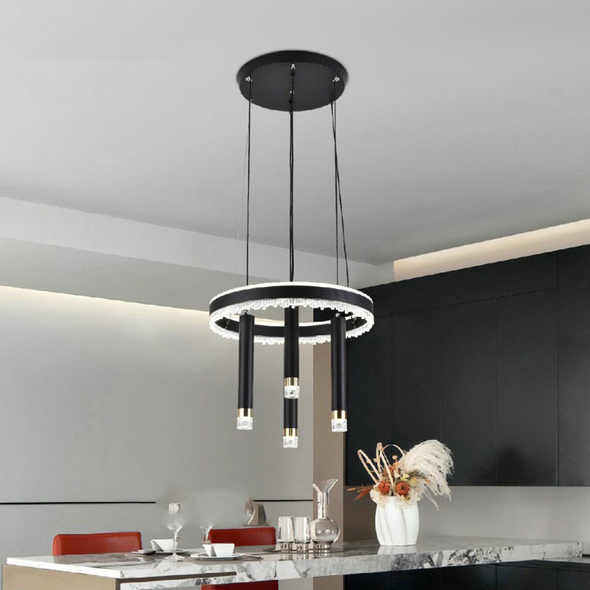 Đèn Thả vòng tròn led + 4 đèn thả ống đen T 5572/3+1 Ø400xH1000