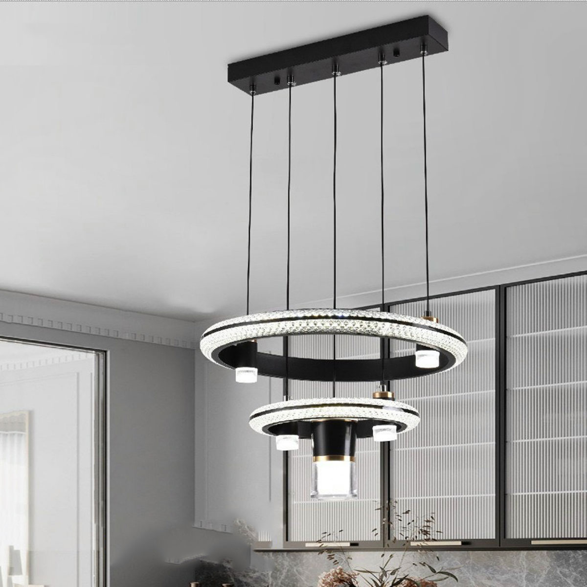 Đèn Thả Bàn Ăn Led 2 vòng tròn T 5575 Ø460+290xH1000