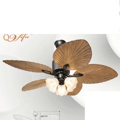 Quạt trần 5 cánh lá cọ có 3 đèn đường kính 1,3 mét QVIFA-49VF12