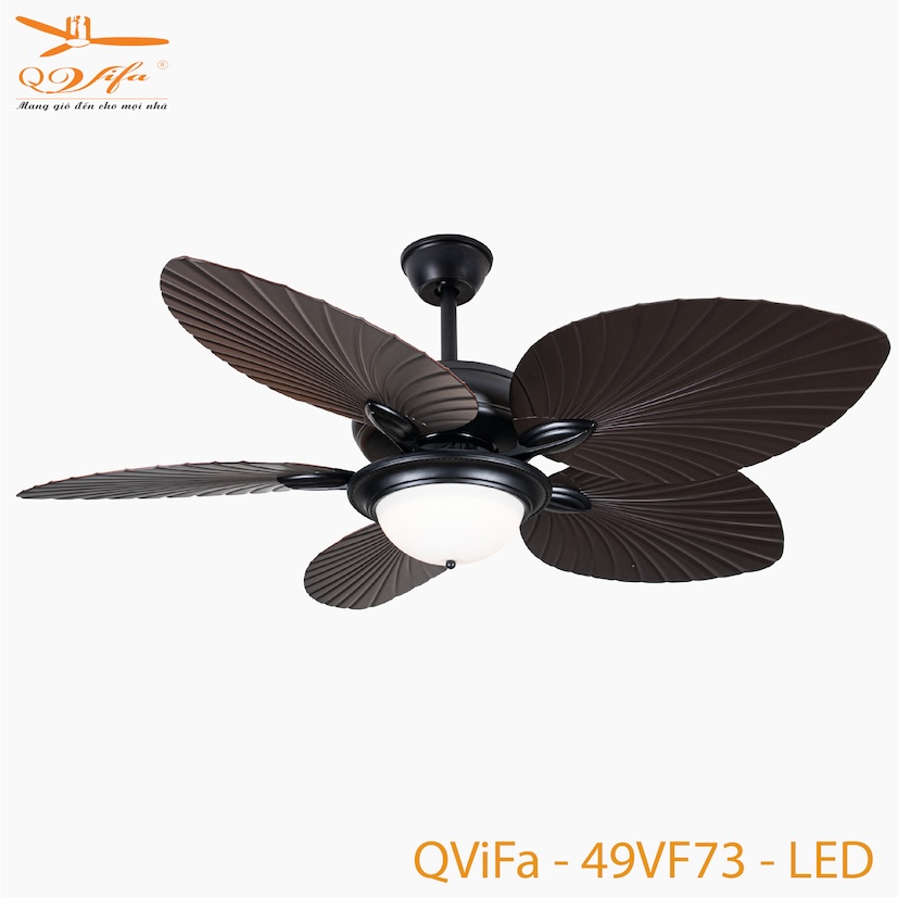 Quạt trần 5 cánh lá cọ đen (quạt ba tiêu) có 3 đèn led đường kính 1,3 mét QVIFA-49VF73