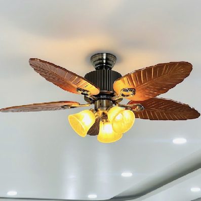 Quạt trần 5 cánh hình chiếc lá bằng gỗ có đèn trang trí QT2062 Ø1220
