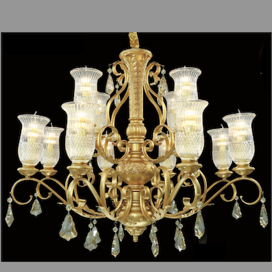 Đèn Chùm 2 tầng màu vàng đồng 12 chao thuỷ tinh phong cách tân cổ điển CH12/8+4