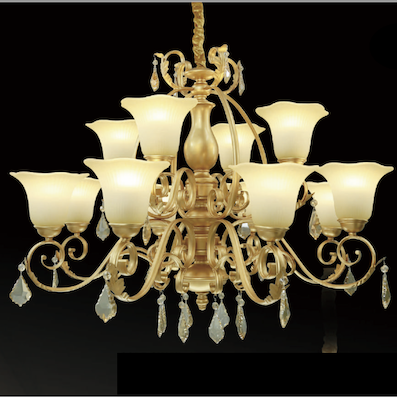 Đèn Chùm 2 tầng màu vàng đồng 12 chao thuỷ tinh phong cách tân cổ điển CH15/8+4