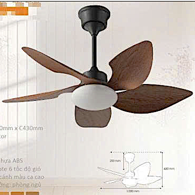 Quạt trần 3 cánh nhựa mini màu ca cao cho phòng trẻ em có đèn led đường kính 1 mét ViFa-910